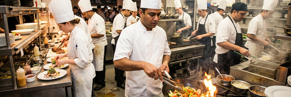 Male chef working in busy kitchen with other male and female chefs, all chefs wearing chef hats