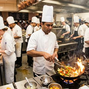 Male chef working in busy kitchen with other male and female chefs, all chefs wearing chef hats