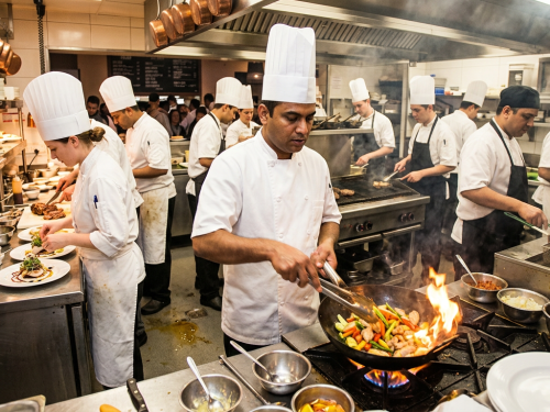 Male chef working in busy kitchen with other male and female chefs, all chefs wearing chef hats